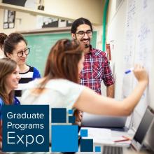 Students collaborating at a white board with Graduate Programs Expo written on the side