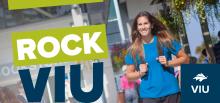 Rock VIU logo with girl walking with backpack