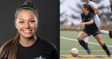 Split screen shot of Shea Battie smiling for a profile photo on the left, and in action on the turf on the right