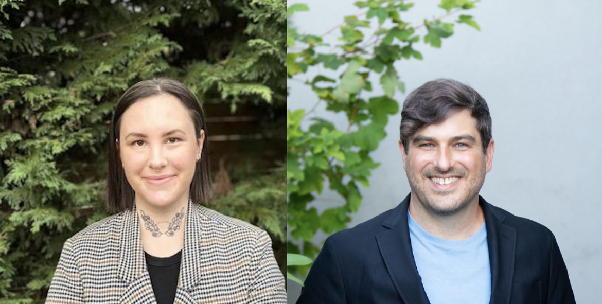 A split screen photo of Dr. Morgan Mowatt on the left and Dr. Michael MacKenzie on the right. Both are smiling at the camera in portrait-style shots with greenery in the background.