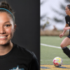 Split screen shot of Shea Battie smiling for a profile photo on the left, and in action on the turf on the right